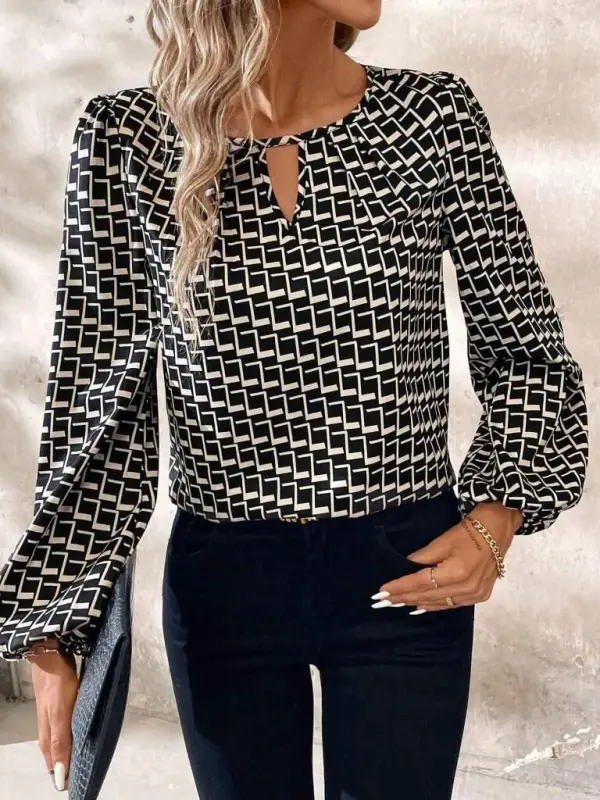 Women's Long Sleeve Drop Detailed Collar Patterned Supreme Blouse - 2