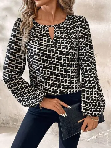 Women's Long Sleeve Drop Detailed Collar Patterned Supreme Blouse - 3