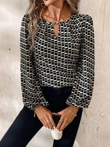 Women's Long Sleeve Drop Detailed Collar Patterned Supreme Blouse - 4