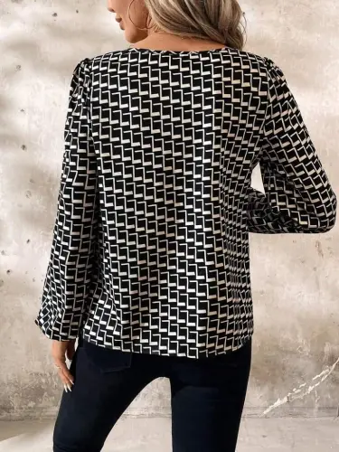 Women's Long Sleeve Drop Detailed Collar Patterned Supreme Blouse - 6