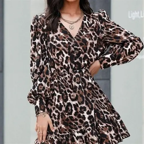 Women's Long Sleeve Elastic Waist Ruffle Hem Leopard Print Crepe Dress - 3