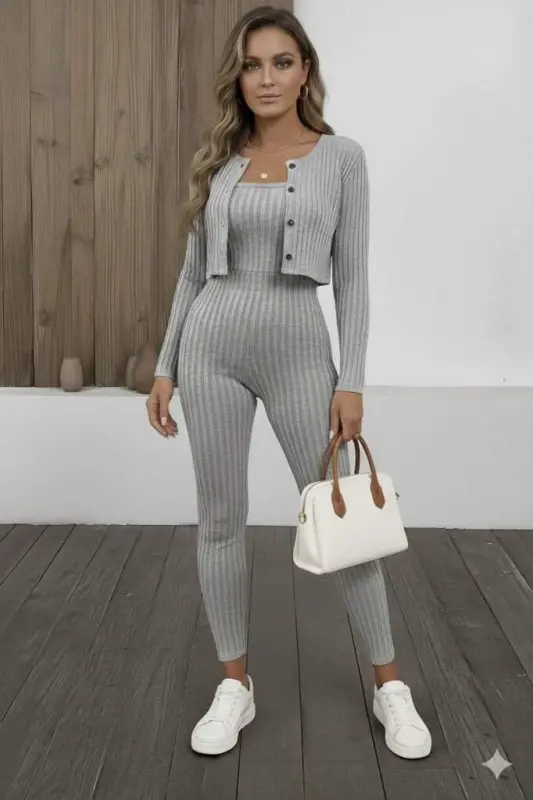 Women's Long Sleeve Fleece Lined Ribbed Strapless With Short Button Front Jacket Two Piece Set - 1