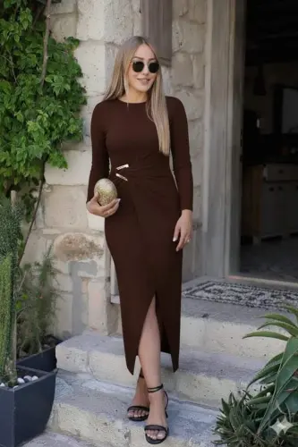 Women's Long Sleeve Front Cross Detailed Side Buckle Detailed Long Sandy Dress - 1