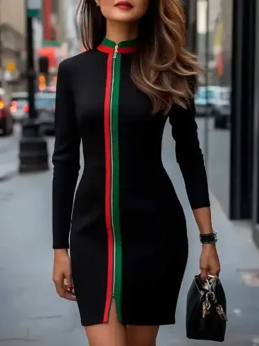 Women's Long Sleeve Front Full Zipper Color Block Detail Viscose Two Thread Mini Dress - 4