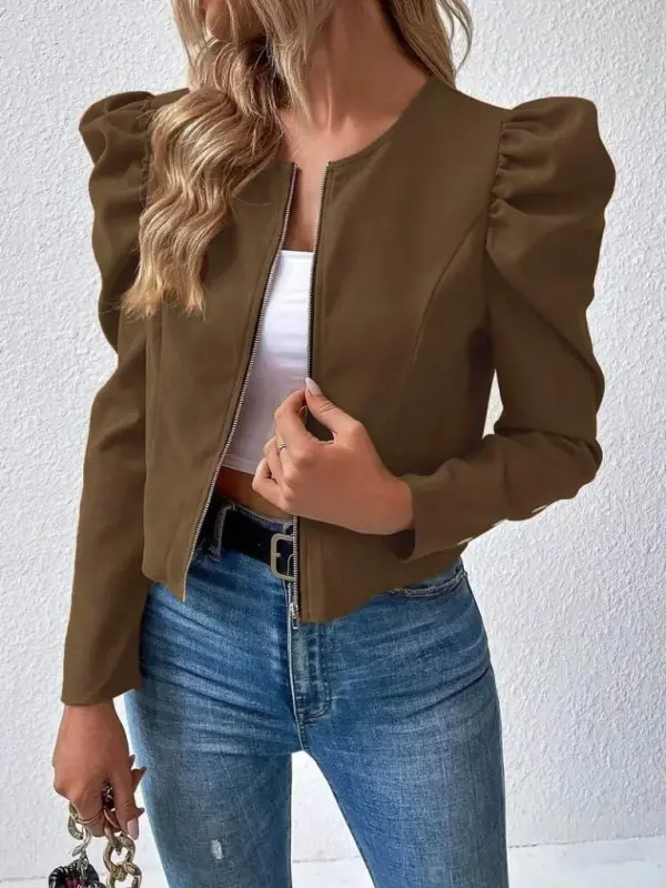 Women's Long Sleeve Front Zipper Balloon Sleeve Suede Jacket - 1