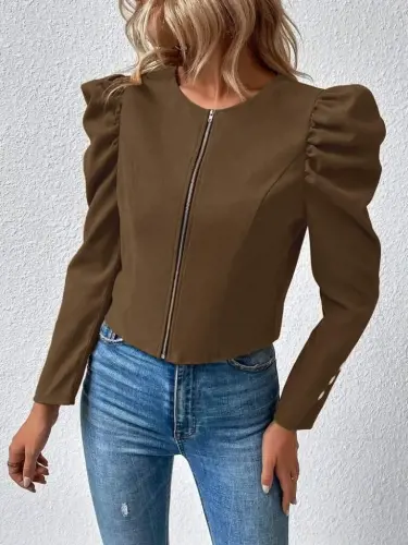 Women's Long Sleeve Front Zipper Balloon Sleeve Suede Jacket - 3
