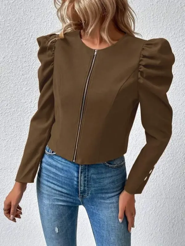 Women's Long Sleeve Front Zipper Balloon Sleeve Suede Jacket - 3