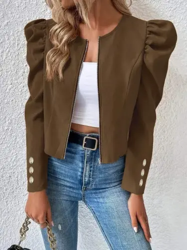 Women's Long Sleeve Front Zipper Balloon Sleeve Suede Jacket - 4