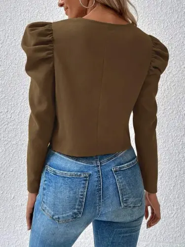 Women's Long Sleeve Front Zipper Balloon Sleeve Suede Jacket - 5