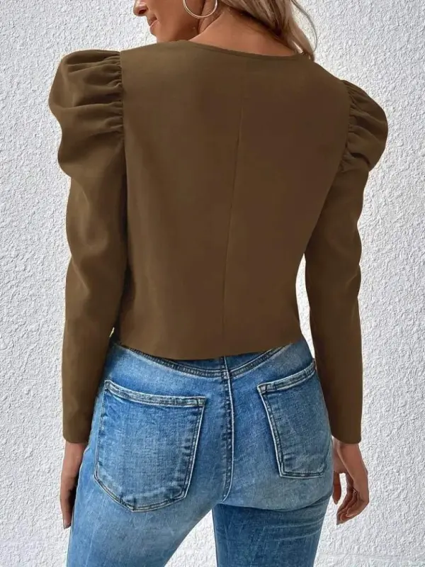 Women's Long Sleeve Front Zipper Balloon Sleeve Suede Jacket - 5