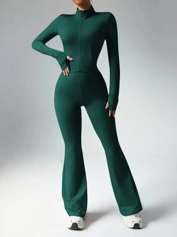 Women's Long Sleeve Front Zipper Crop Scuba Blouse And Pants Set - BÜYÜKBEDENIZ
