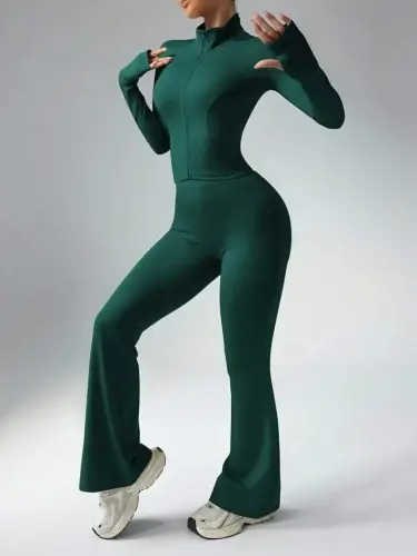 Women's Long Sleeve Front Zipper Crop Scuba Blouse And Pants Set - 3