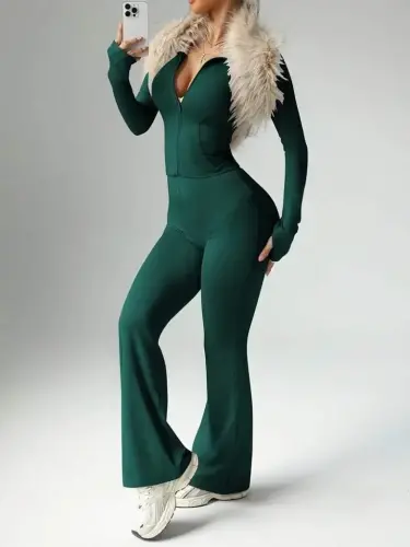 Women's Long Sleeve Front Zipper Crop Scuba Blouse And Pants Set - 4