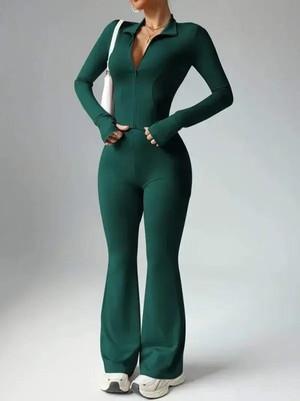 Women's Long Sleeve Front Zipper Crop Scuba Blouse And Pants Set - 6