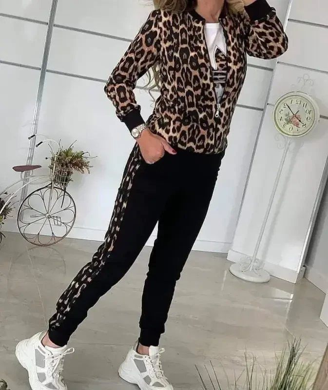 Women's Long Sleeve Front Zipper Leopard Pattern Detailed Viscose Two Thread Blouse and Pants Set - 1