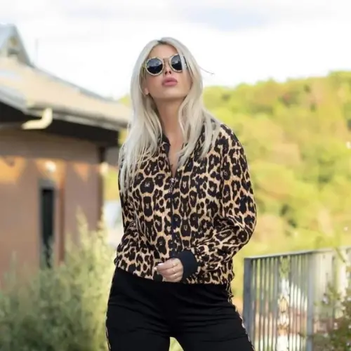 Women's Long Sleeve Front Zipper Leopard Pattern Detailed Viscose Two Thread Blouse and Pants Set - 3