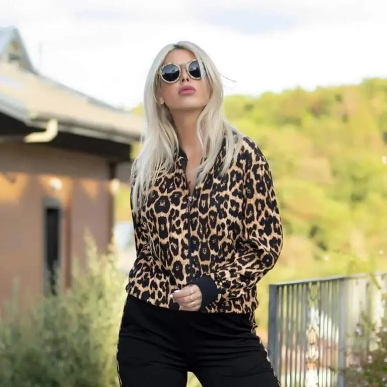 Women's Long Sleeve Front Zipper Leopard Pattern Detailed Viscose Two Thread Blouse and Pants Set - 3