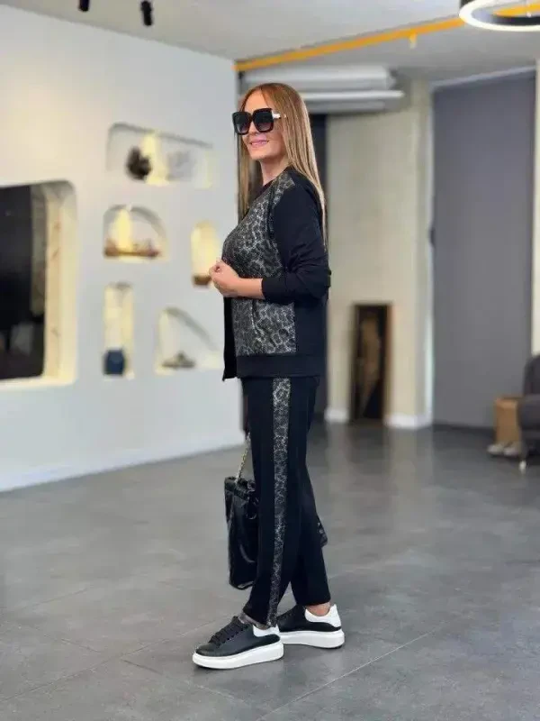 Women's Long Sleeve Front Zipper Leopard Print Viscose Two Thread Blouse and Pants Set - 2