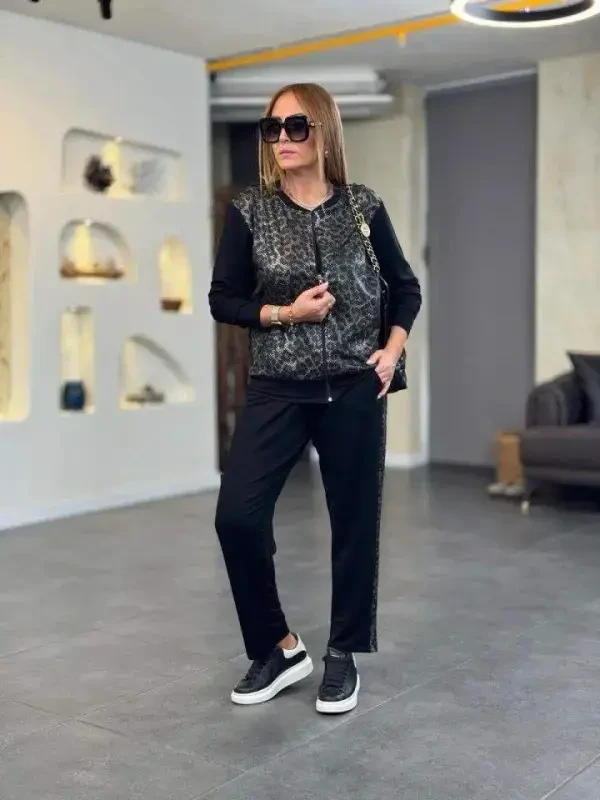 Women's Long Sleeve Front Zipper Leopard Print Viscose Two Thread Blouse and Pants Set - 4