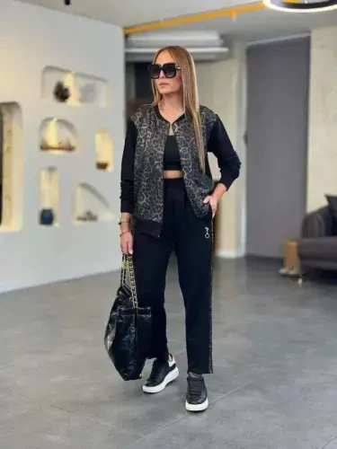 Women's Long Sleeve Front Zipper Leopard Print Viscose Two Thread Blouse and Pants Set - 5