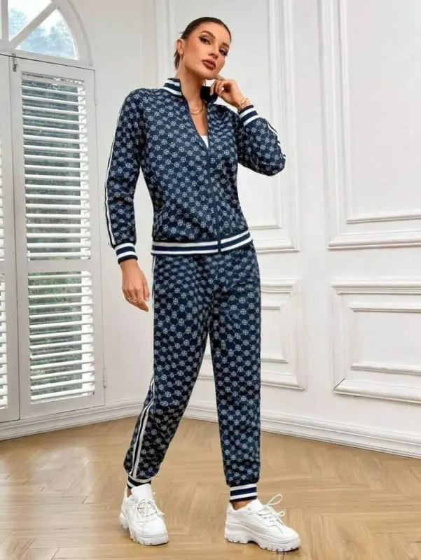 Women's Long Sleeve Front Zipper Patterned Two Thread Blouse and Pants Set - BÜYÜKBEDENIZ