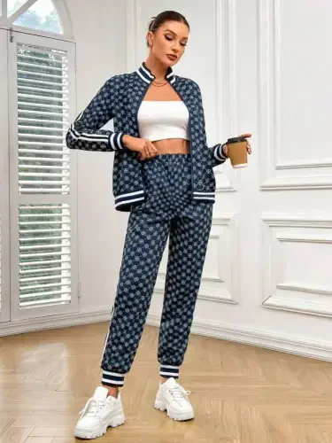 Women's Long Sleeve Front Zipper Patterned Two Thread Blouse and Pants Set - 2