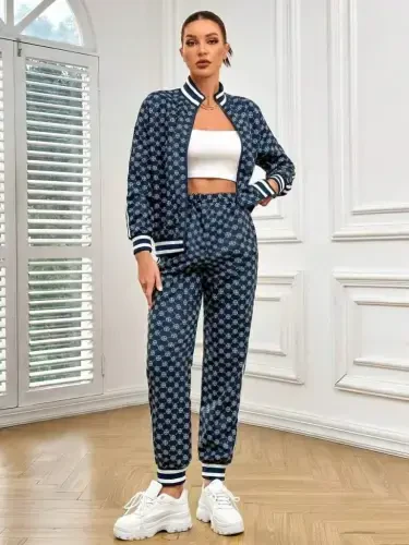 Women's Long Sleeve Front Zipper Patterned Two Thread Blouse and Pants Set - 4