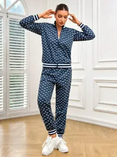 Women's Long Sleeve Front Zipper Patterned Two Thread Blouse and Pants Set - 5