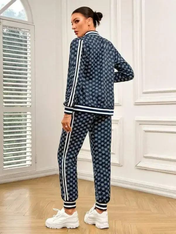 Women's Long Sleeve Front Zipper Patterned Two Thread Blouse and Pants Set - 6