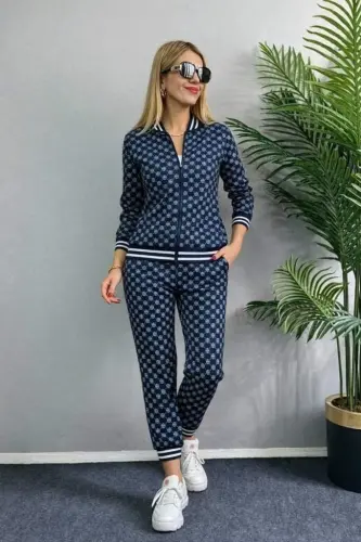 Women's Long Sleeve Front Zipper Patterned Two Thread Blouse and Pants Set - 1