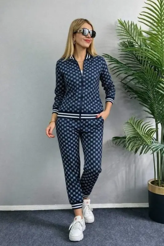 Women's Long Sleeve Front Zipper Patterned Two Thread Blouse and Pants Set - BÜYÜKBEDENIZ