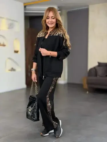Women's Long Sleeve Front Zipper Sequin Detailed Blouse and Pants Set - 1