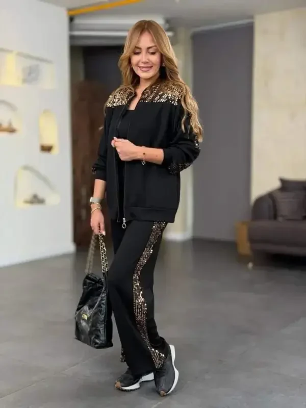 Women's Long Sleeve Front Zipper Sequin Detailed Blouse and Pants Set - 1