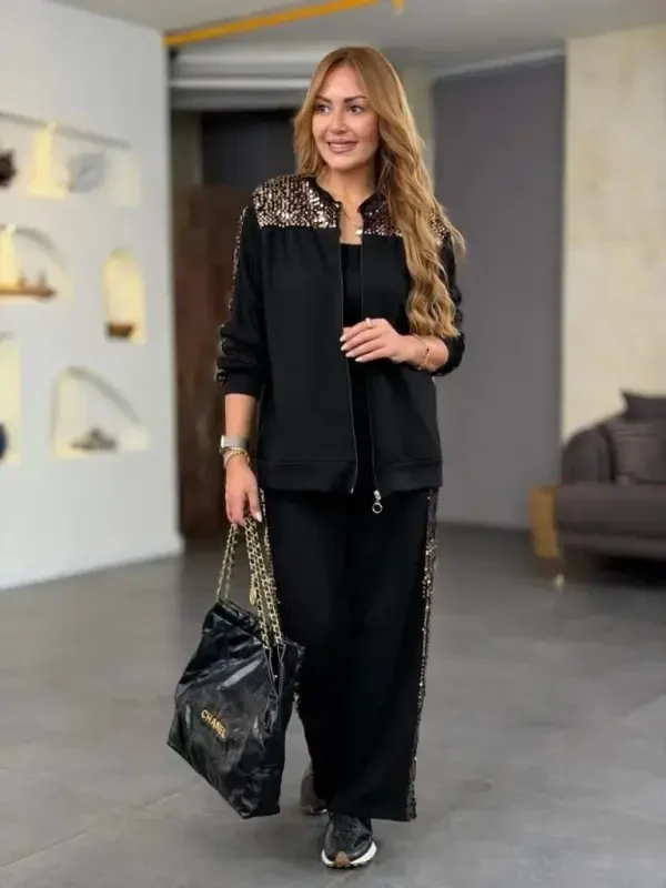Women's Long Sleeve Front Zipper Sequin Detailed Blouse and Pants Set - 3