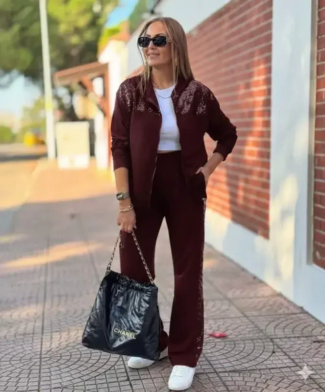 Women's Long Sleeve Front Zipper Sequin Embellished Viscose Two Thread Set - BÜYÜKBEDENIZ