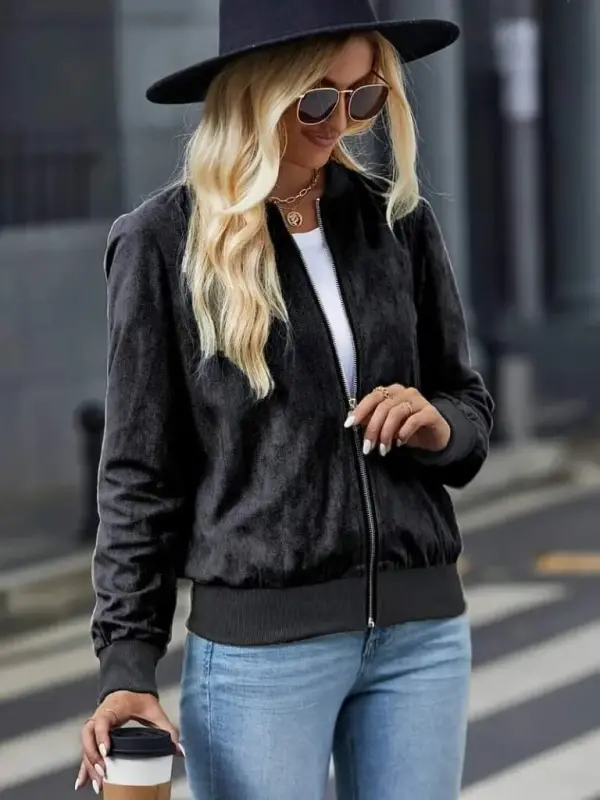 Women's Long Sleeve Front Zipper Suede Jacket - 2