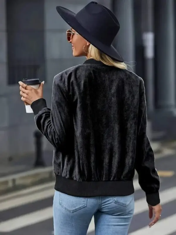 Women's Long Sleeve Front Zipper Suede Jacket - 3