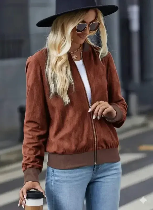 Women's Long Sleeve Front Zipper Suede Jacket - 1