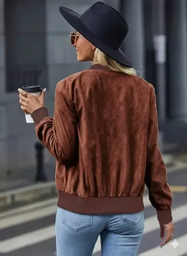 Women's Long Sleeve Front Zipper Suede Jacket - 3