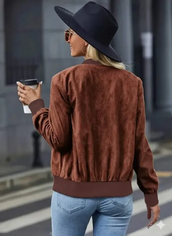 Women's Long Sleeve Front Zipper Suede Jacket - 3