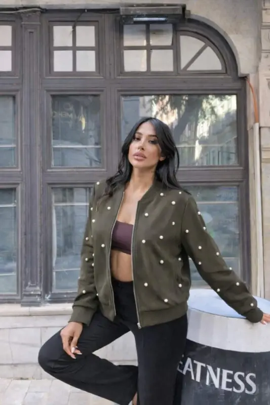 Women's Long Sleeve Front Zippered Beaded Short Modal Jacket - 3