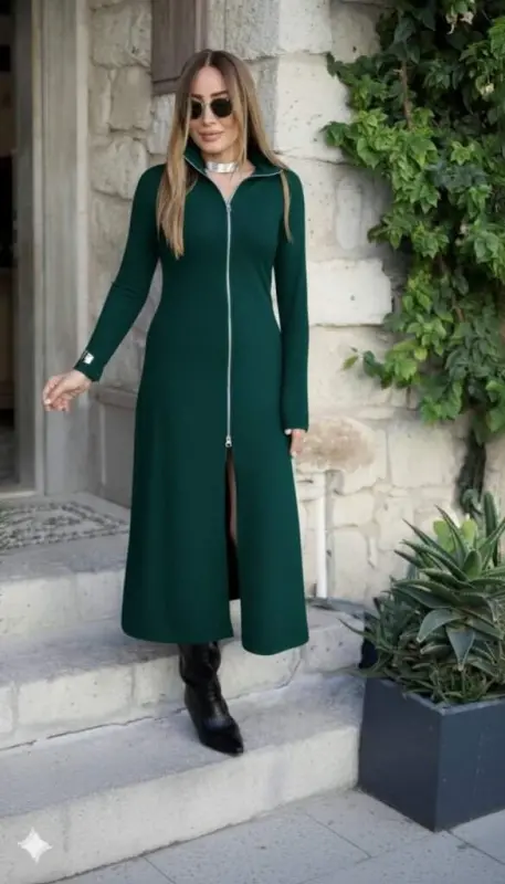 Women's Long Sleeve Front Zippered Imported Crepe Dress - BÜYÜKBEDENIZ