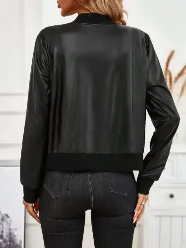 Women's Long Sleeve Front Zippered Leather Short Jacket - 4