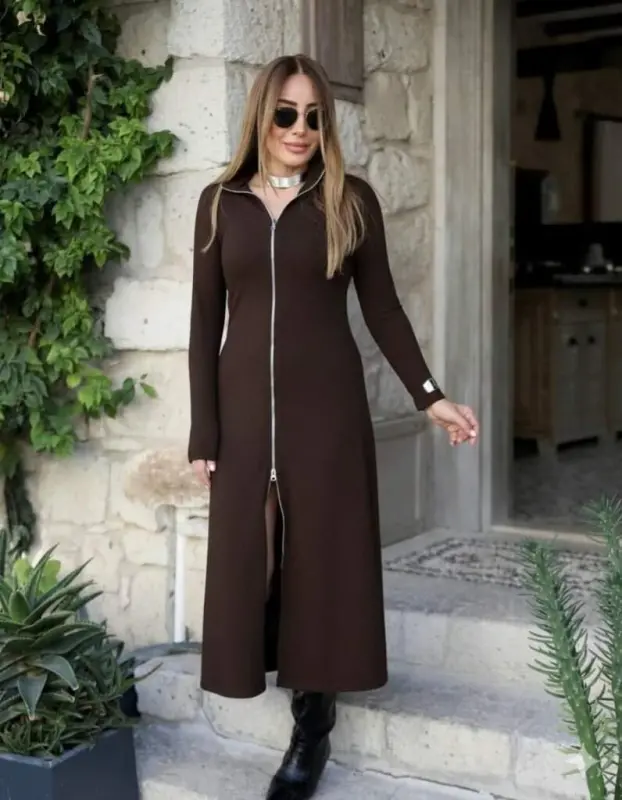Women's Long Sleeve Front Zippered Maxi Viscose Two Thread Dress - 3