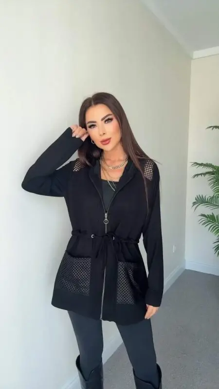 Women's Long Sleeve Front Zippered Mesh Detailed Waist Tie Short Modal Jacket - 1