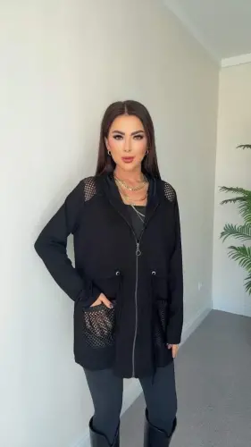 Women's Long Sleeve Front Zippered Mesh Detailed Waist Tie Short Modal Jacket - 3