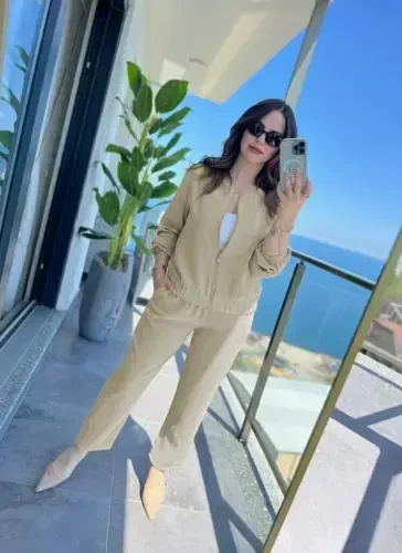 Women's Long Sleeve Front Zippered Modal Jacket and Pants Set - 1