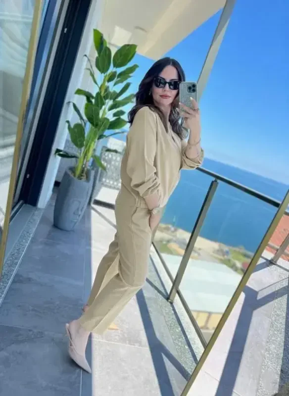 Women's Long Sleeve Front Zippered Modal Jacket and Pants Set - 2