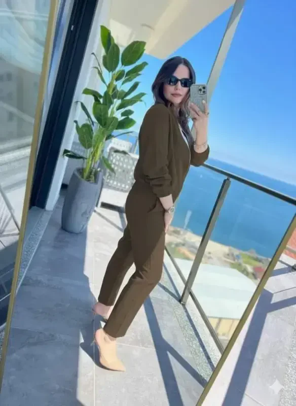 Women's Long Sleeve Front Zippered Modal Jacket and Pants Set - 2