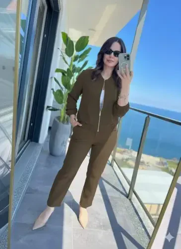 Women's Long Sleeve Front Zippered Modal Jacket and Pants Set - 4